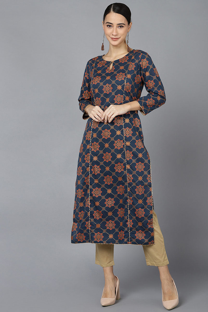 Ahika Women Navy Blue Cotton Ethnic Motifs Printed Kurtas