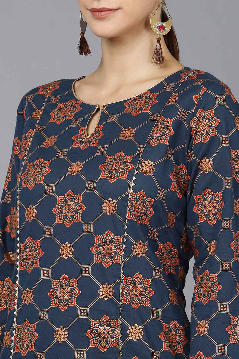 Ahika Women Navy Blue Cotton Ethnic Motifs Printed Kurtas