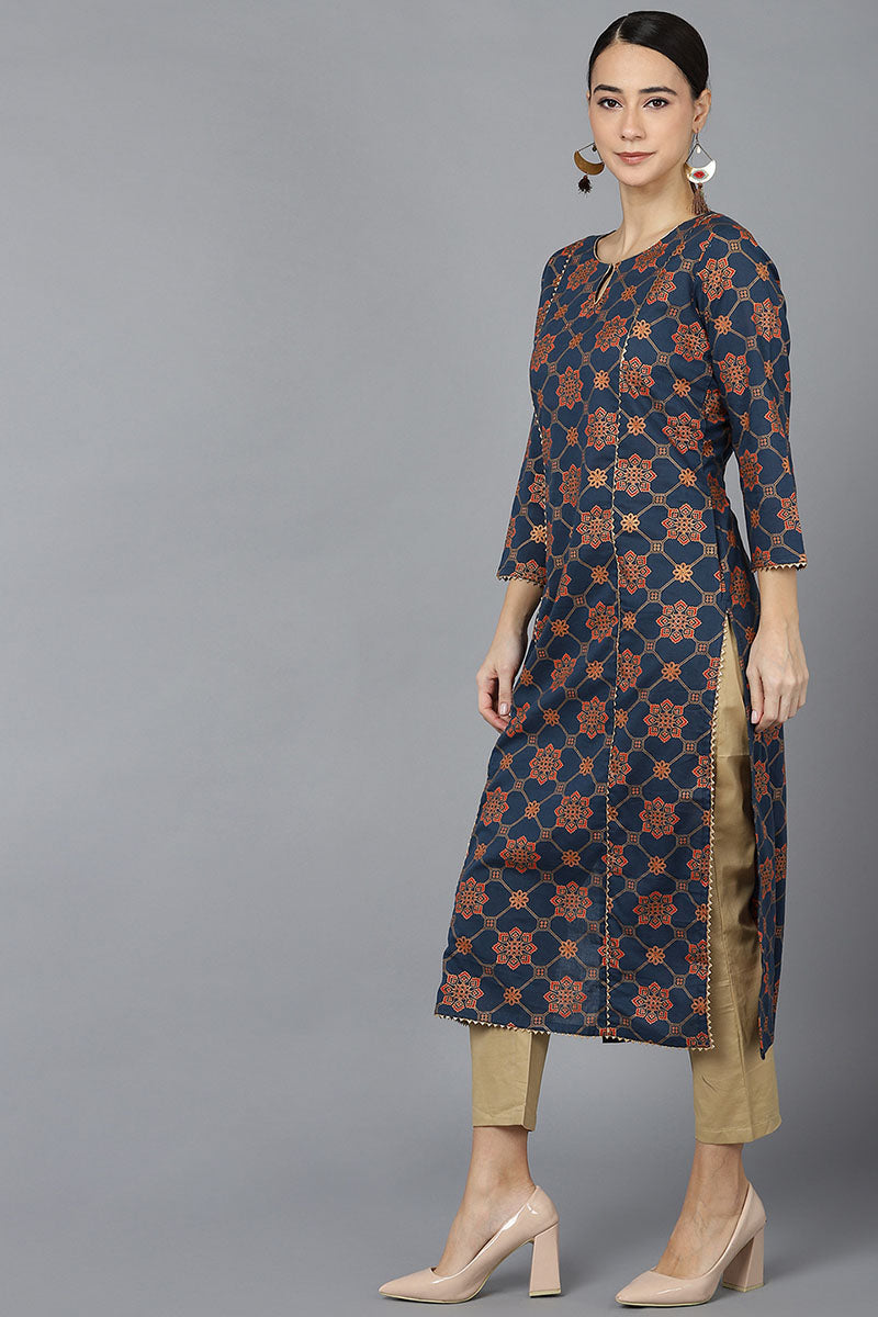 Ahika Women Navy Blue Cotton Ethnic Motifs Printed Kurtas