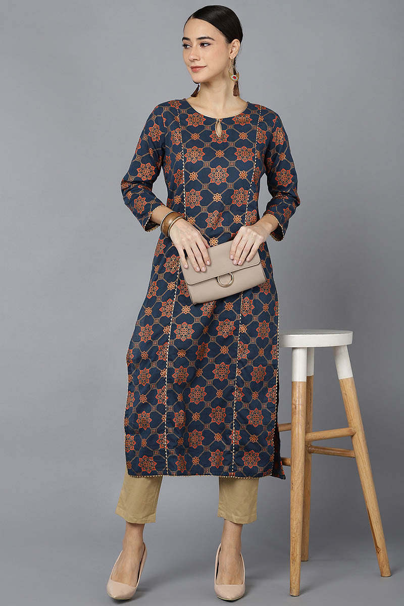 Ahika Women Navy Blue Cotton Ethnic Motifs Printed Kurtas