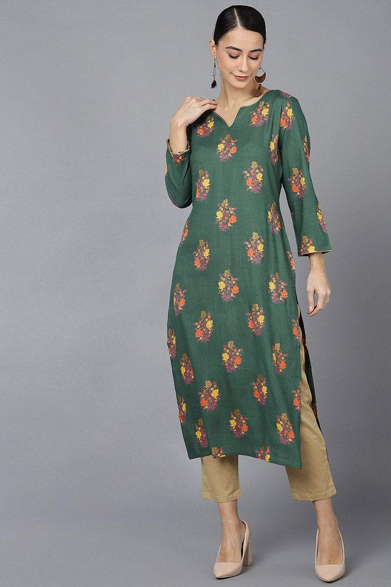 Ahika Women Green Cotton Floral Printed Kurtas