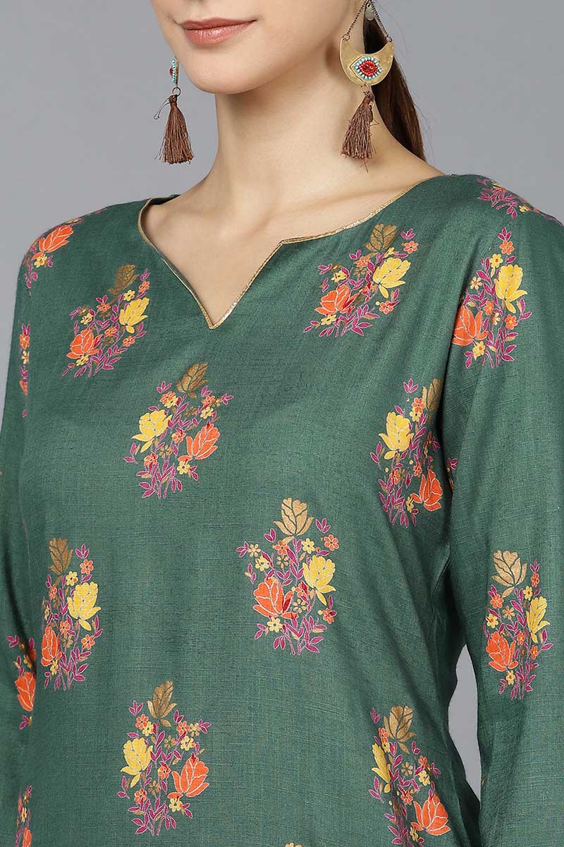 Ahika Women Green Cotton Floral Printed Kurtas