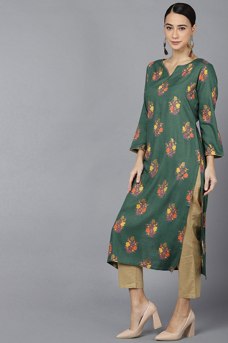 Ahika Women Green Cotton Floral Printed Kurtas