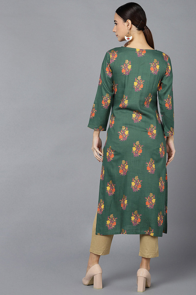 Ahika Women Green Cotton Floral Printed Kurtas