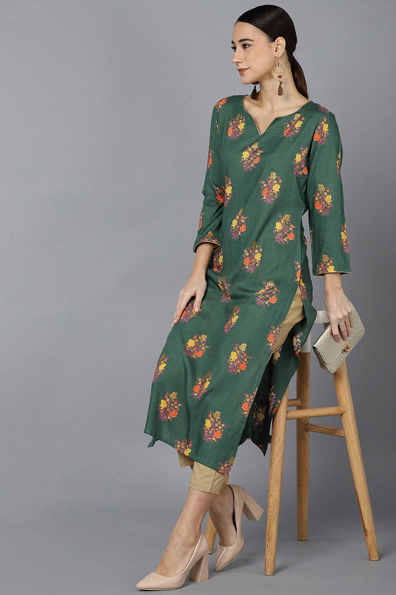 Ahika Women Green Cotton Floral Printed Kurtas