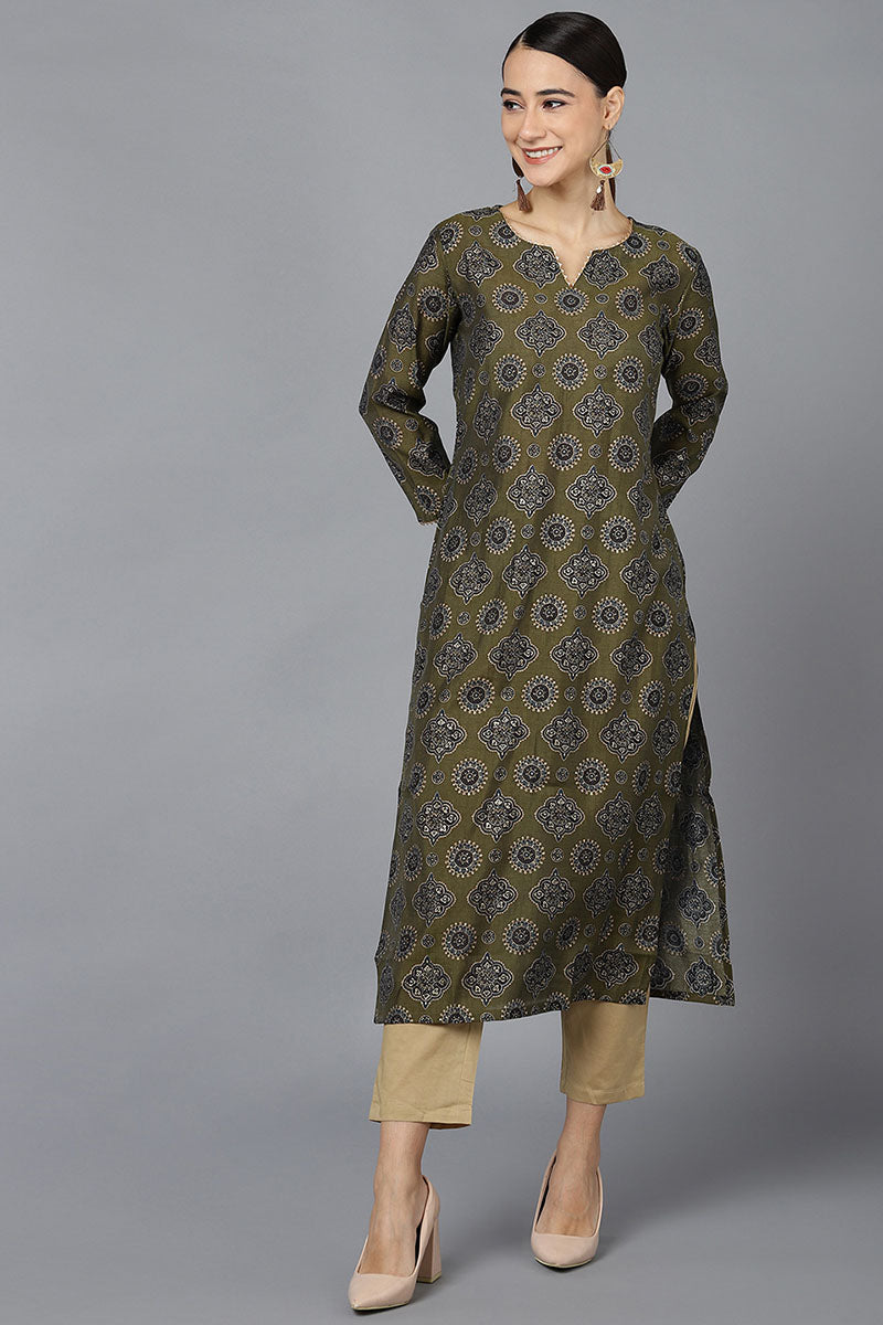 Ahika Women Olive Silk Ethnic Motifs Printed Kurtas