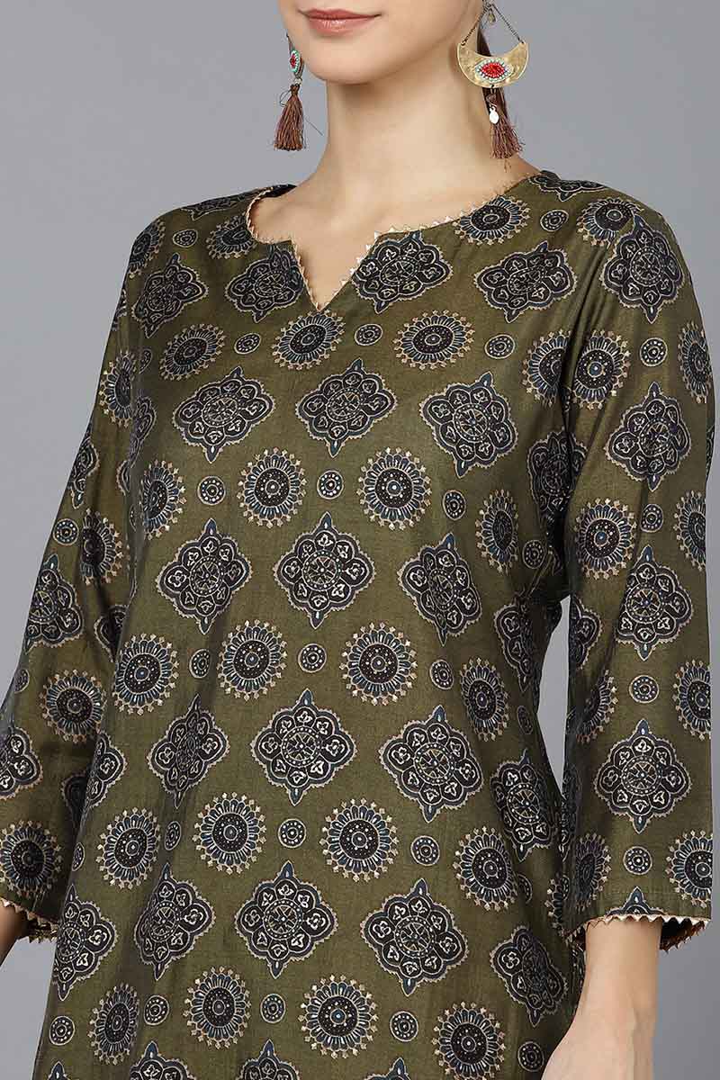Ahika Women Olive Silk Ethnic Motifs Printed Kurtas