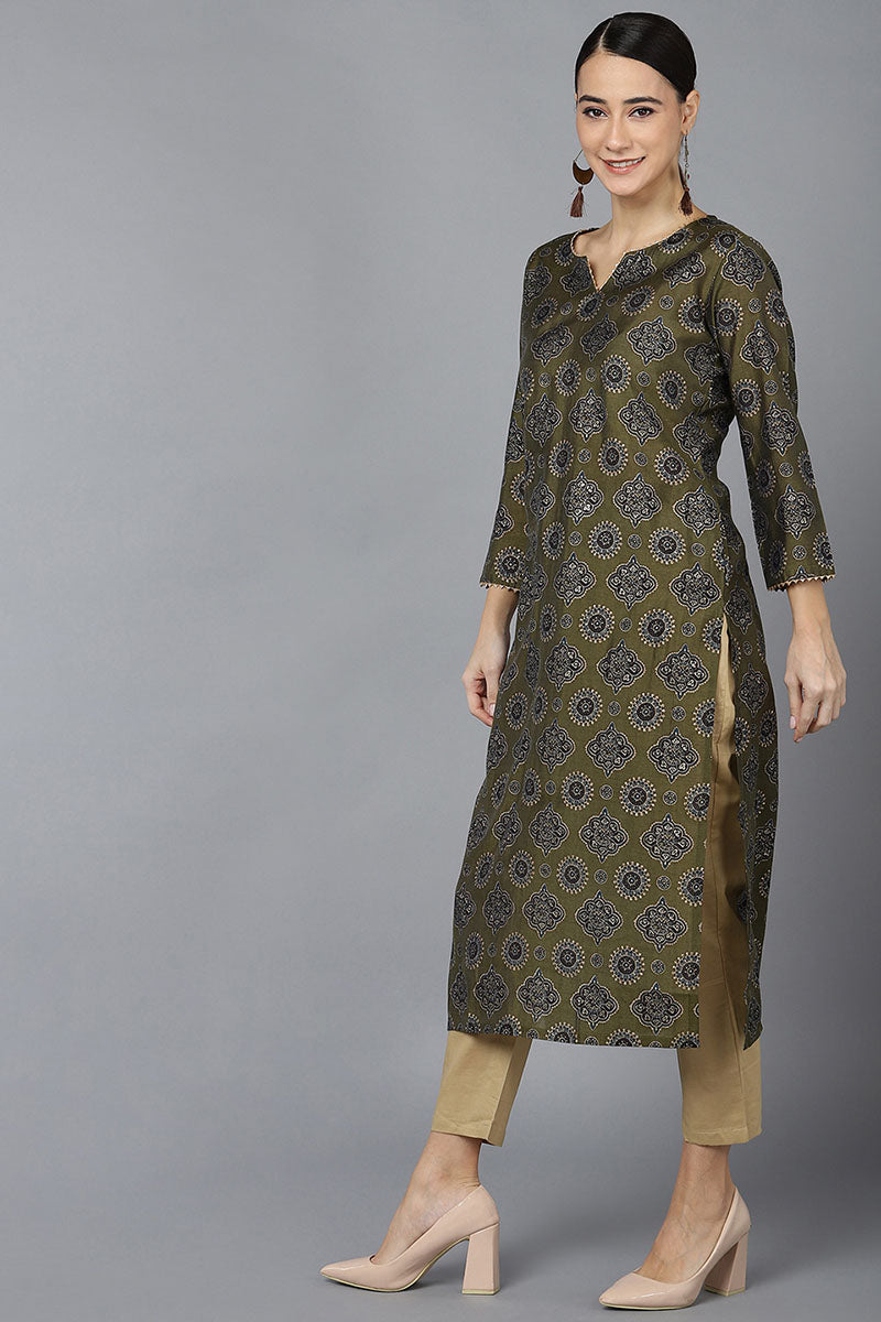 Ahika Women Olive Silk Ethnic Motifs Printed Kurtas