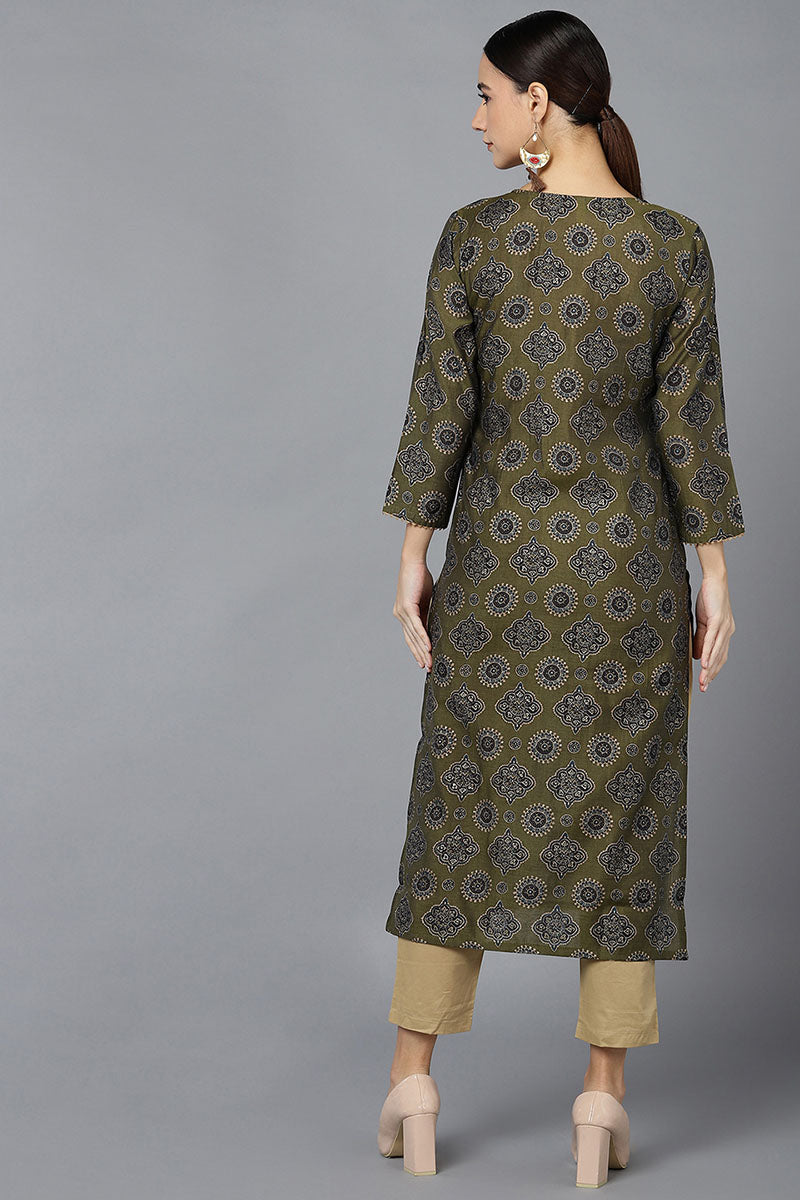 Ahika Women Olive Silk Ethnic Motifs Printed Kurtas