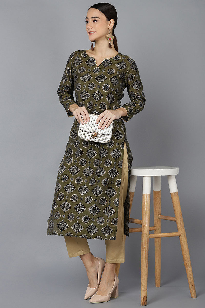 Ahika Women Olive Silk Ethnic Motifs Printed Kurtas