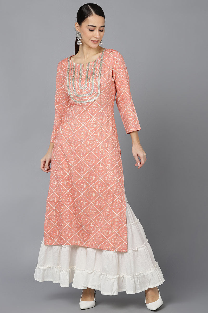 Ahika Women Peach Cotton Geometric Printed Kurtas