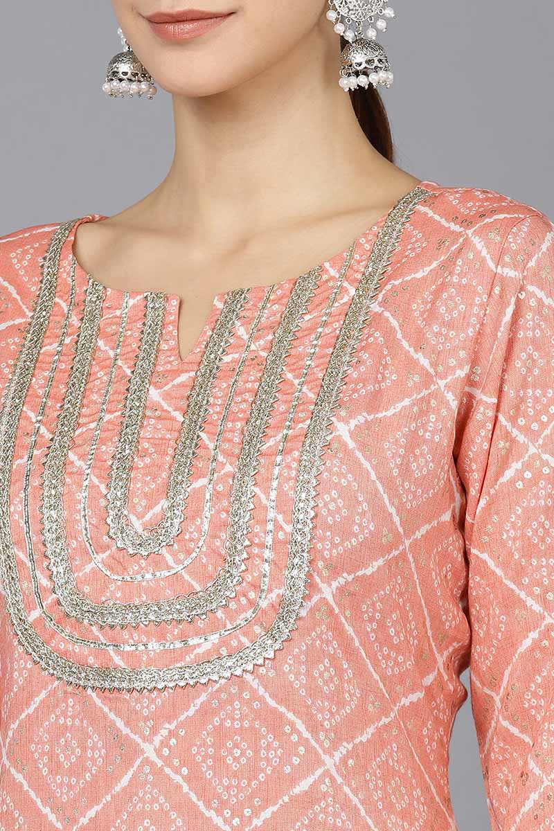Ahika Women Peach Cotton Geometric Printed Kurtas