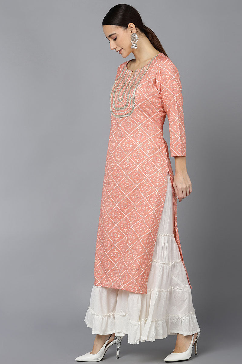 Ahika Women Peach Cotton Geometric Printed Kurtas