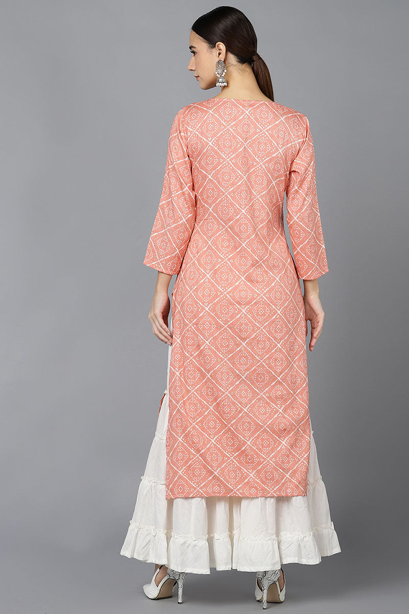 Ahika Women Peach Cotton Geometric Printed Kurtas