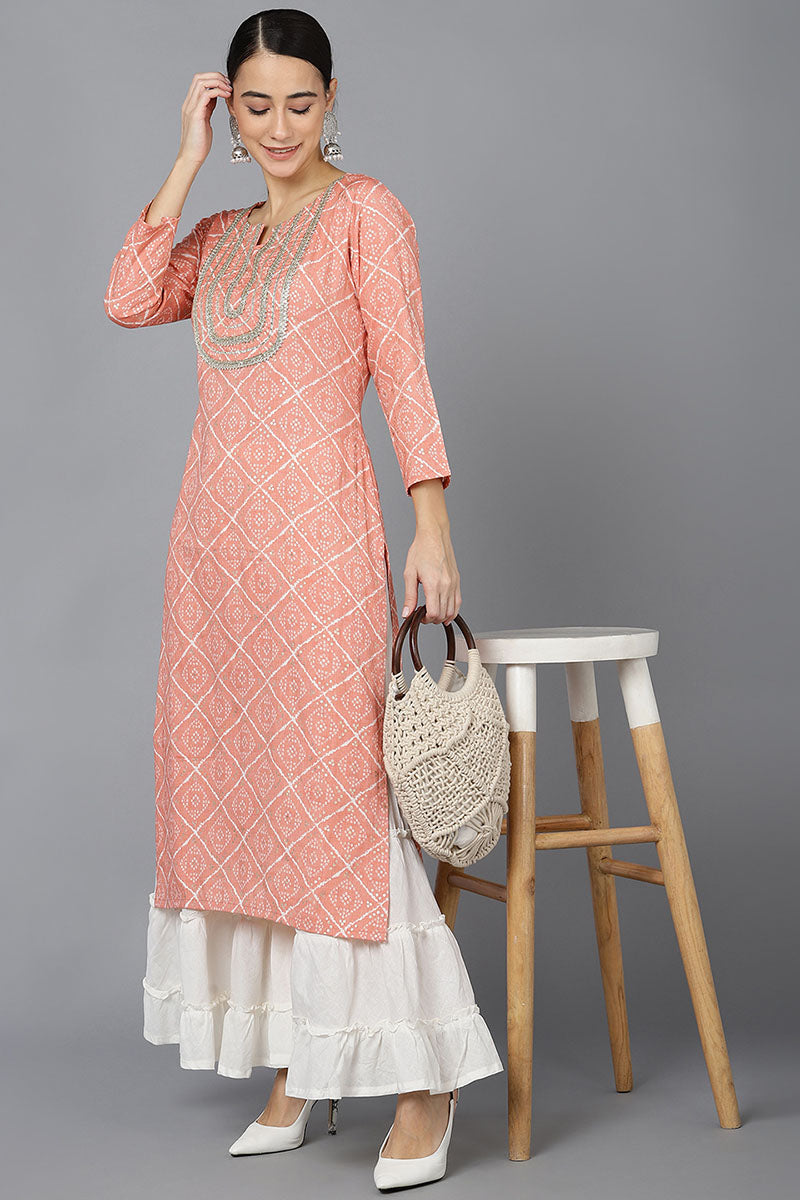 Ahika Women Peach Cotton Geometric Printed Kurtas