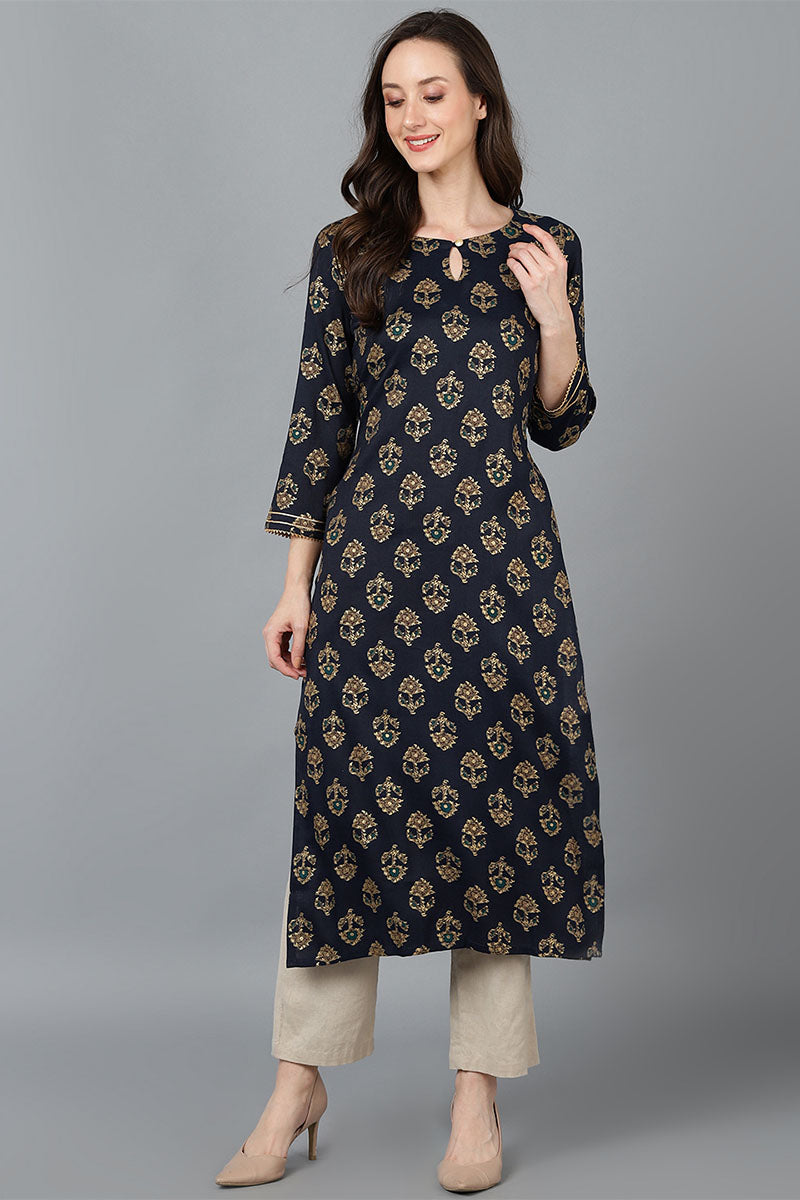 Ahika Women Black Cotton Printed Kurta