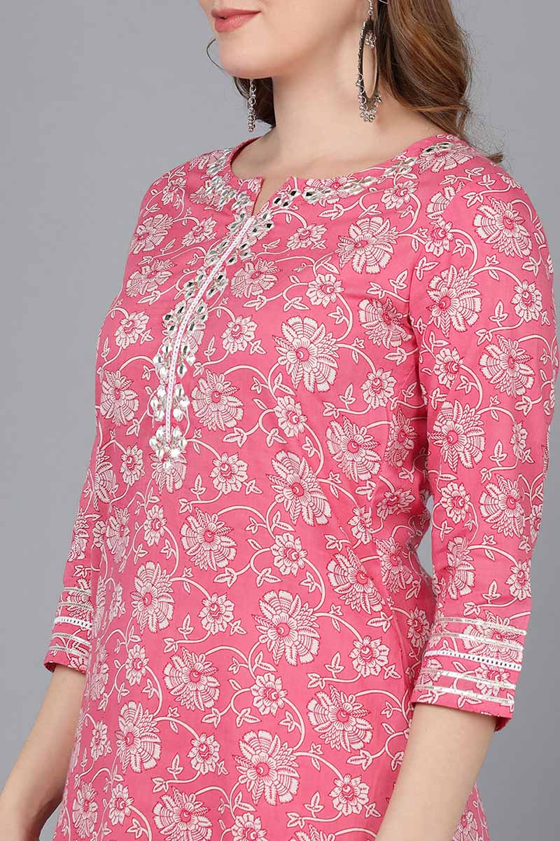 Ahika Women Pink Cotton Floral Printed Kurta