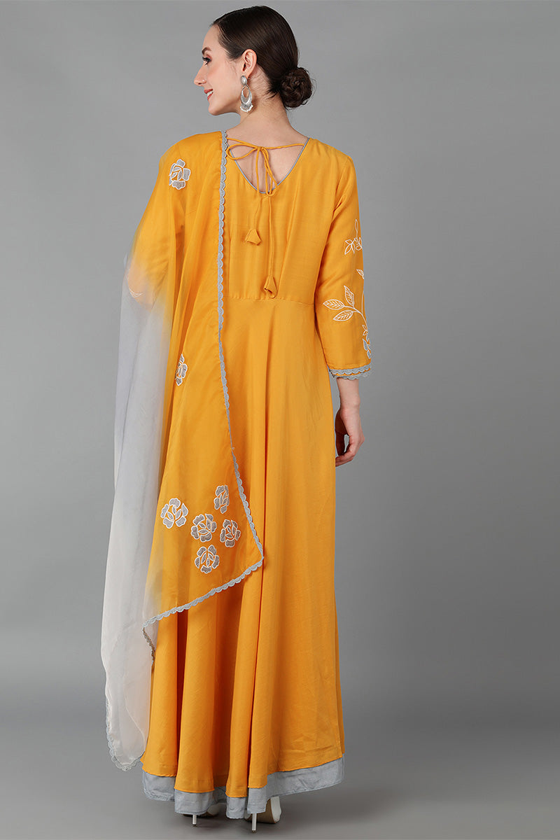 AHIKA Women Mustard Yellow Floral Embroidered Chanderi Silk Kurta