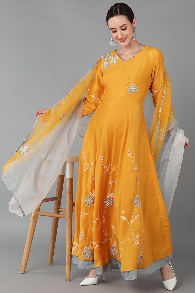AHIKA Women Mustard Yellow Floral Embroidered Chanderi Silk Kurta
