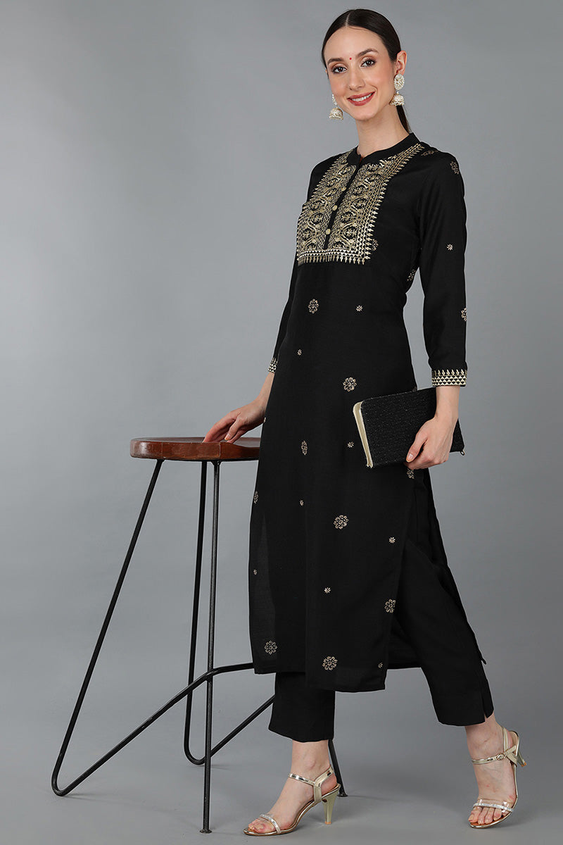 Black Silk Blend Ethnic Motifs Yoke Design Straight Kurta 