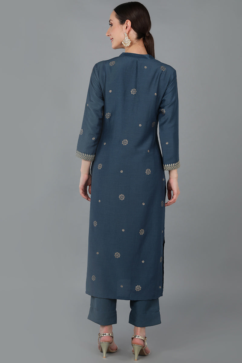 Navy Blue Silk Blend Ethnic Motifs Yoke Design Straight Kurta 