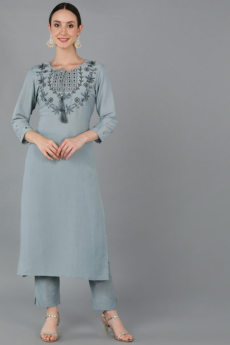 Blue Silk Blend Solid Yoke Design Straight Kurta