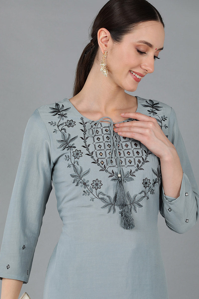 Blue Silk Blend Solid Yoke Design Straight Kurta