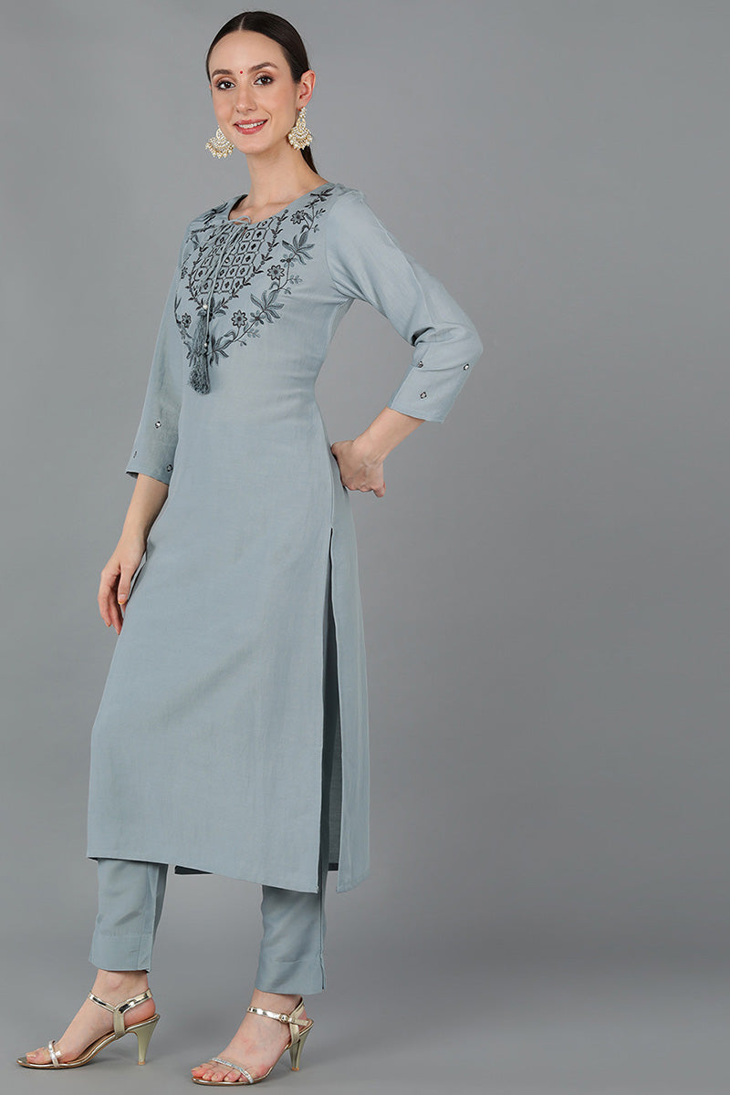 Blue Silk Blend Solid Yoke Design Straight Kurta