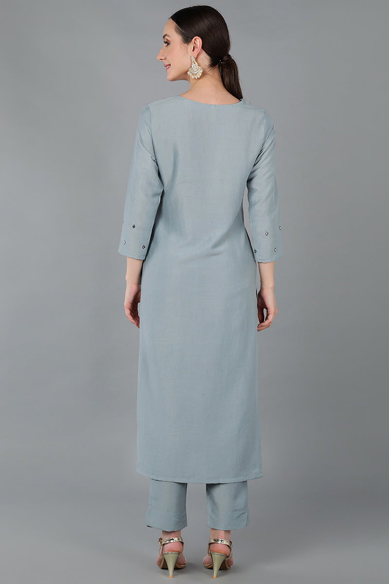 Blue Silk Blend Solid Yoke Design Straight Kurta