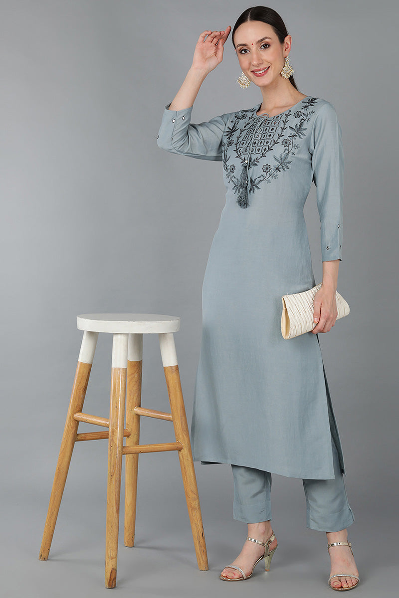 Blue Silk Blend Solid Yoke Design Straight Kurta