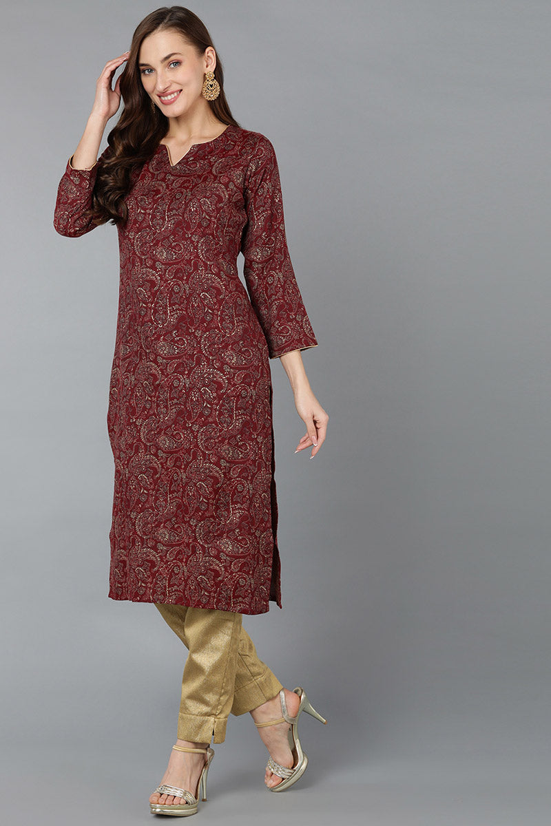 Maroon Silk Blend Paisley Straight Kurta VCK9032