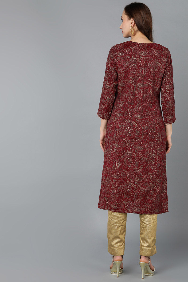 Maroon Silk Blend Paisley Straight Kurta VCK9032