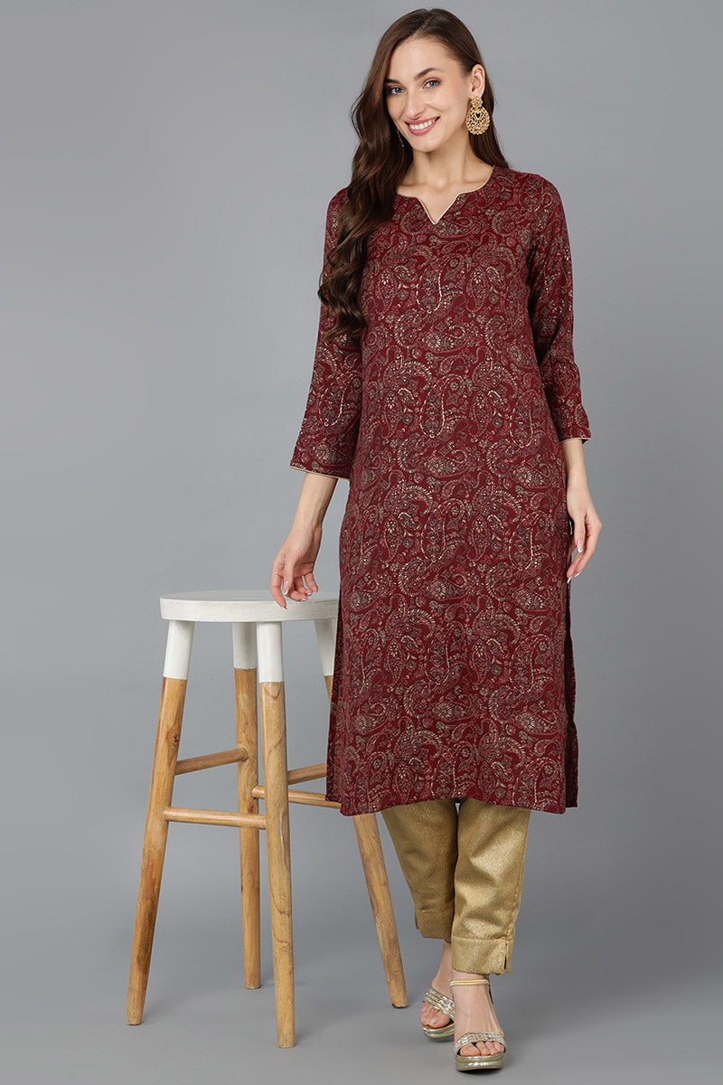 Maroon Silk Blend Paisley Straight Kurta VCK9032