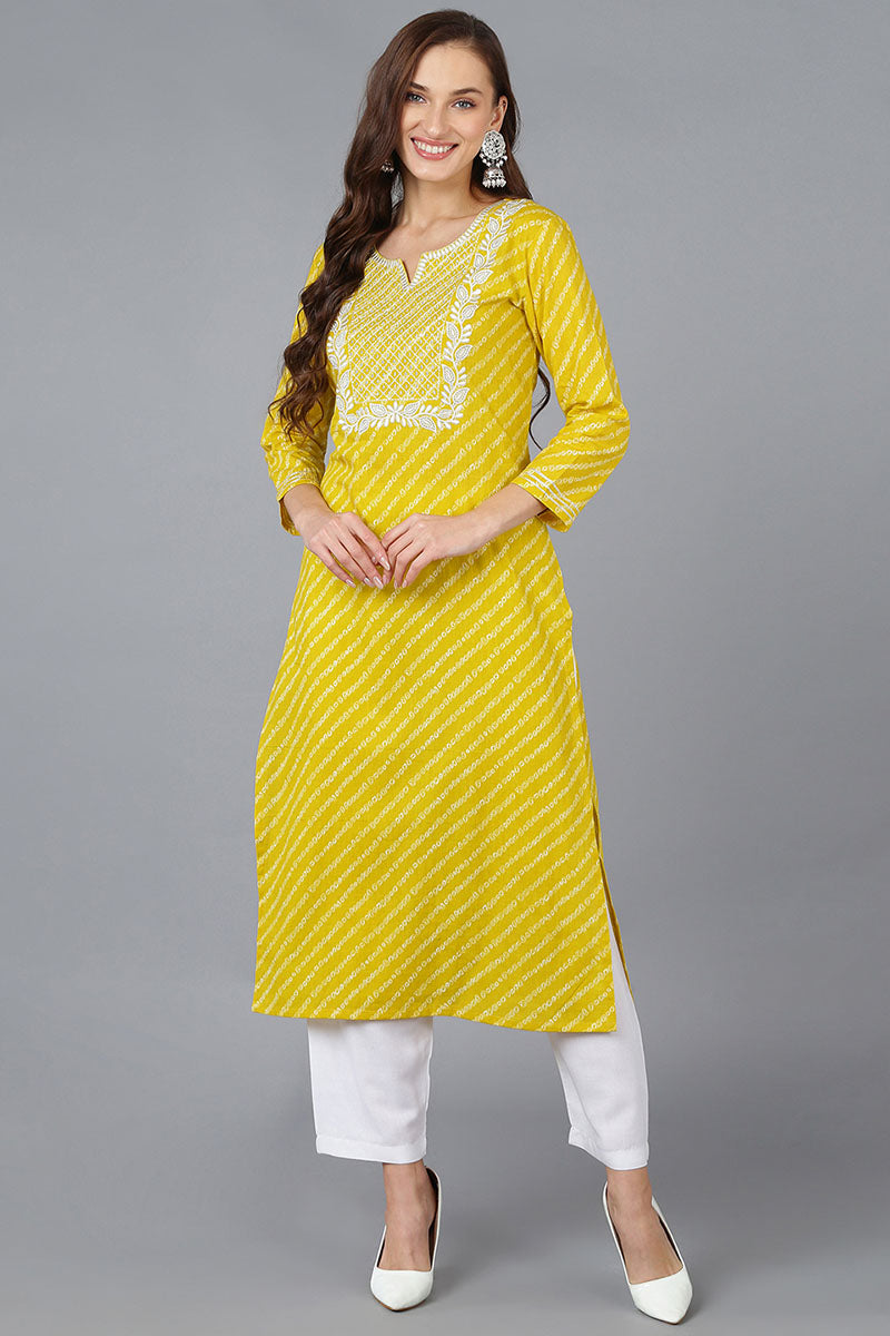 Yellow Cotton Bandhani Embroidered Straight Kurta VCK9038