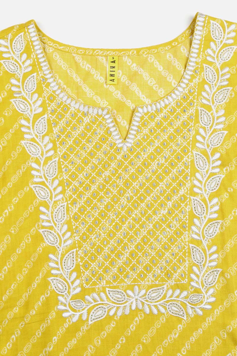 Yellow Cotton Bandhani Embroidered Straight Kurta VCK9038