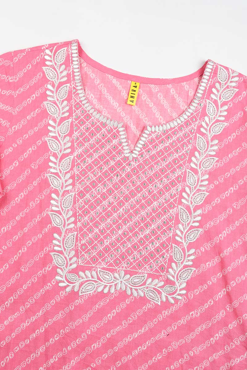 Pink Cotton Bandhani Embroidered Straight Kurta