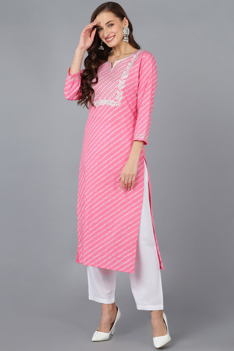 Pink Cotton Bandhani Embroidered Straight Kurta