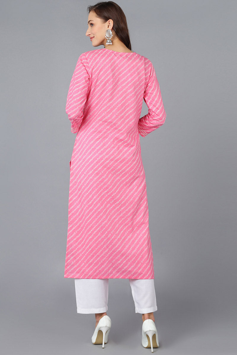 Pink Cotton Bandhani Embroidered Straight Kurta 