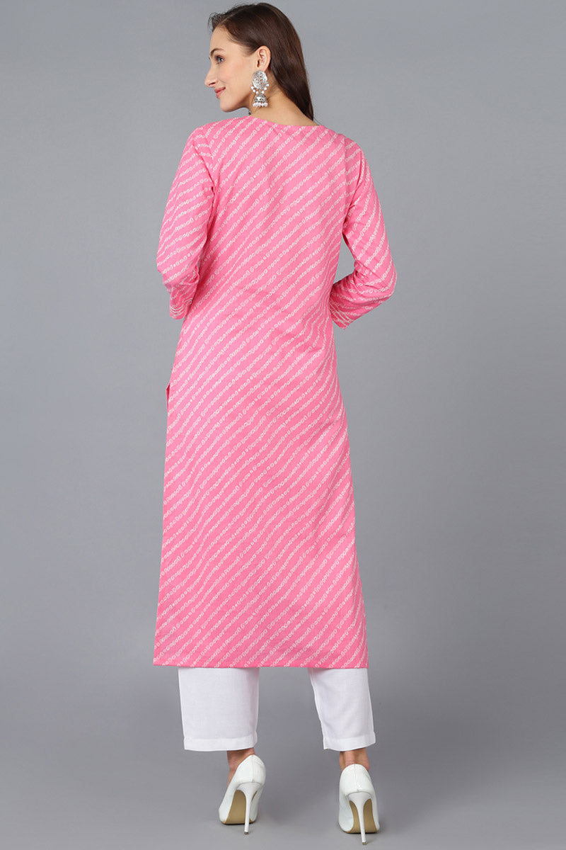 Pink Cotton Bandhani Embroidered Straight Kurta