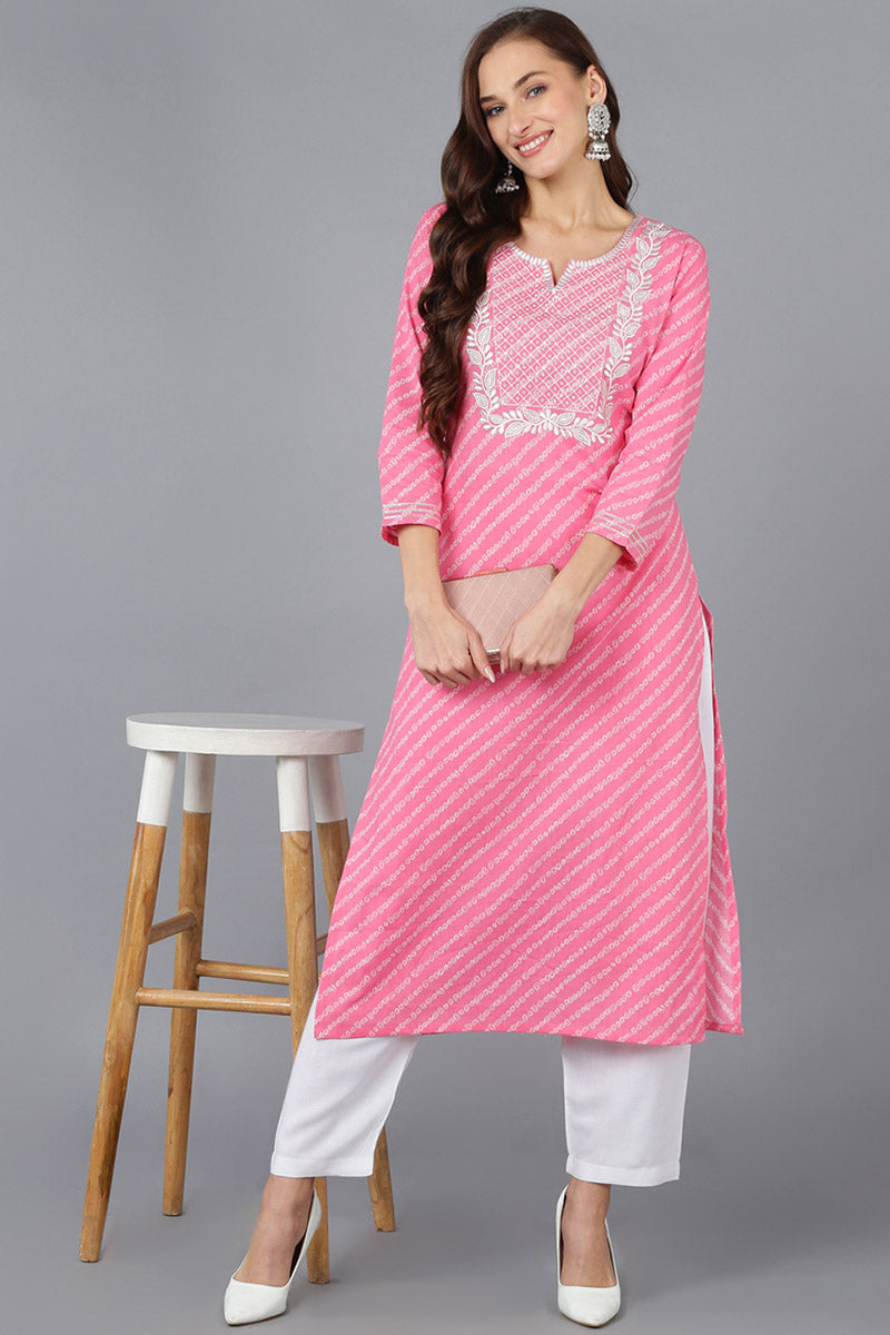 Pink Cotton Bandhani Embroidered Straight Kurta