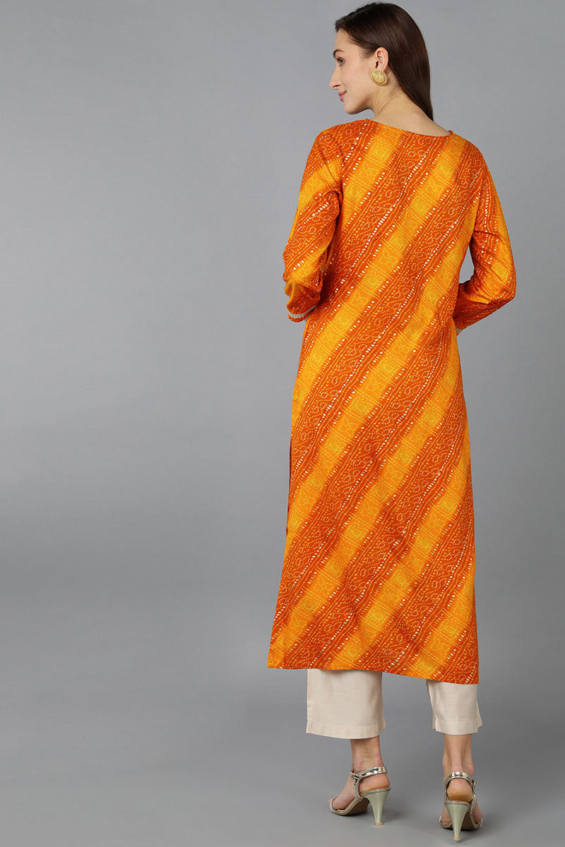 Orange Viscose Rayon Bandhani Embroidered Straight Kurta 