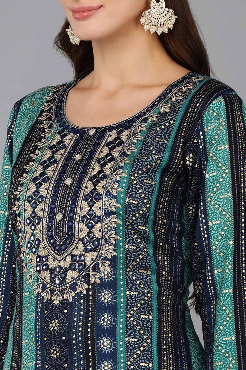 Navy Blue Viscose Rayon Geometric Embroidered Straight Kurta VCK9061