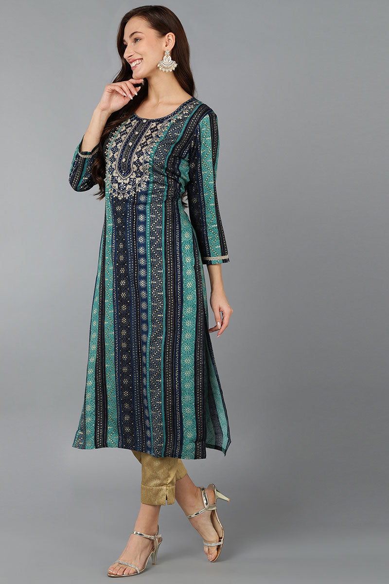 Navy Blue Viscose Rayon Geometric Embroidered Straight Kurta VCK9061