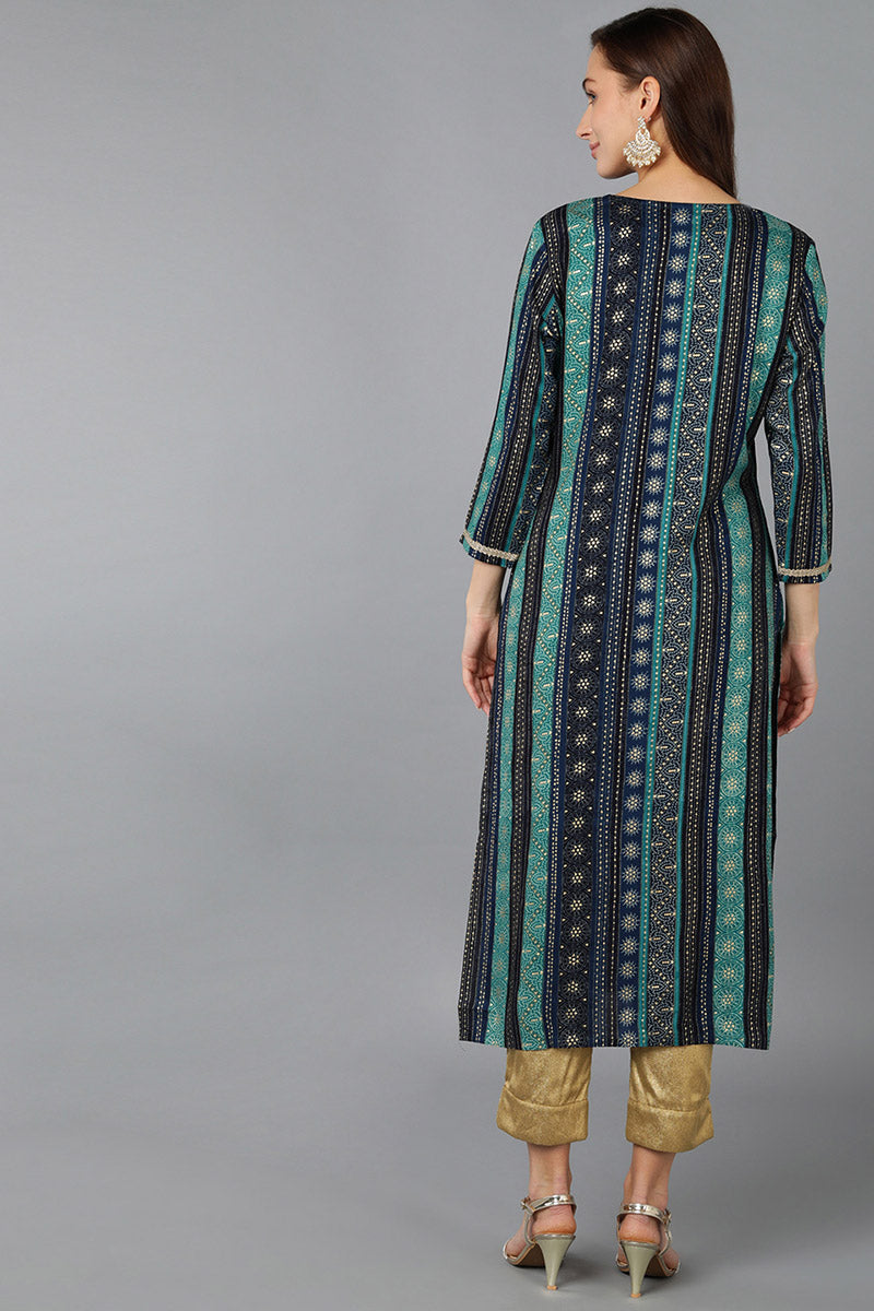 Navy Blue Viscose Rayon Geometric Embroidered Straight Kurta VCK9061