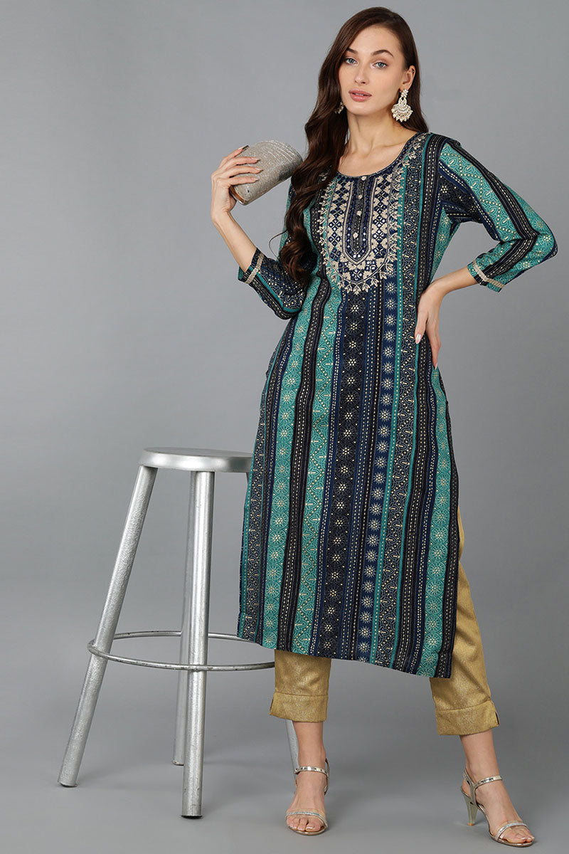 Navy Blue Viscose Rayon Geometric Embroidered Straight Kurta VCK9061