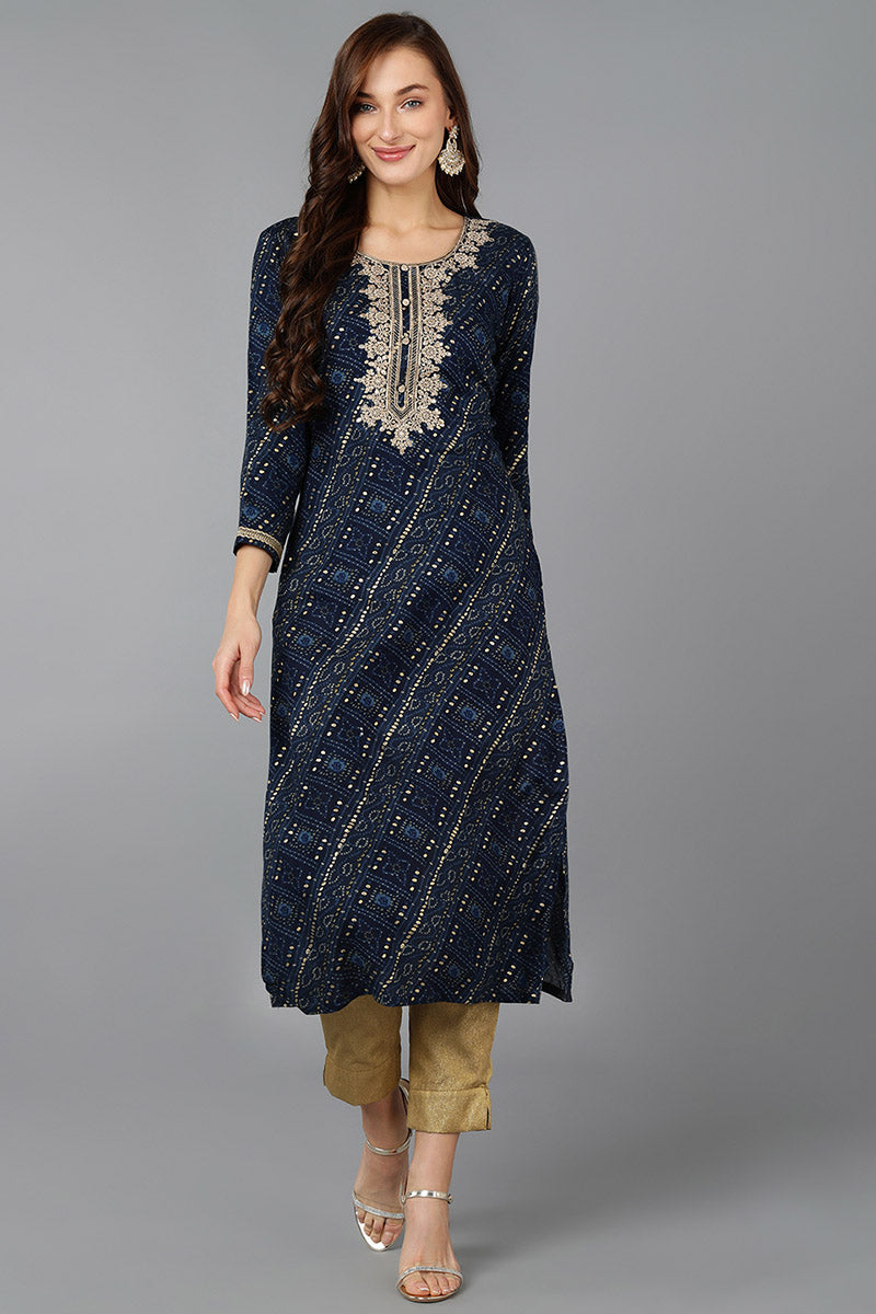 Navy Blue Viscose Rayon Bandhani Embroidered Straight Kurta VCK9066