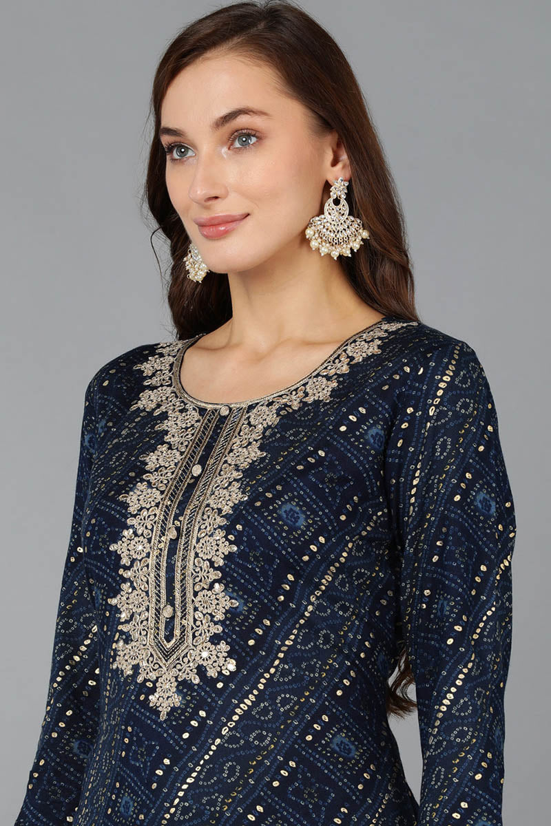 Navy Blue Viscose Rayon Bandhani Embroidered Straight Kurta VCK9066