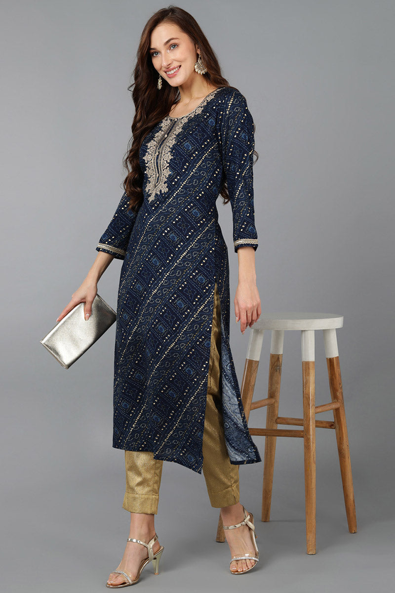 Navy Blue Viscose Rayon Bandhani Embroidered Straight Kurta VCK9066