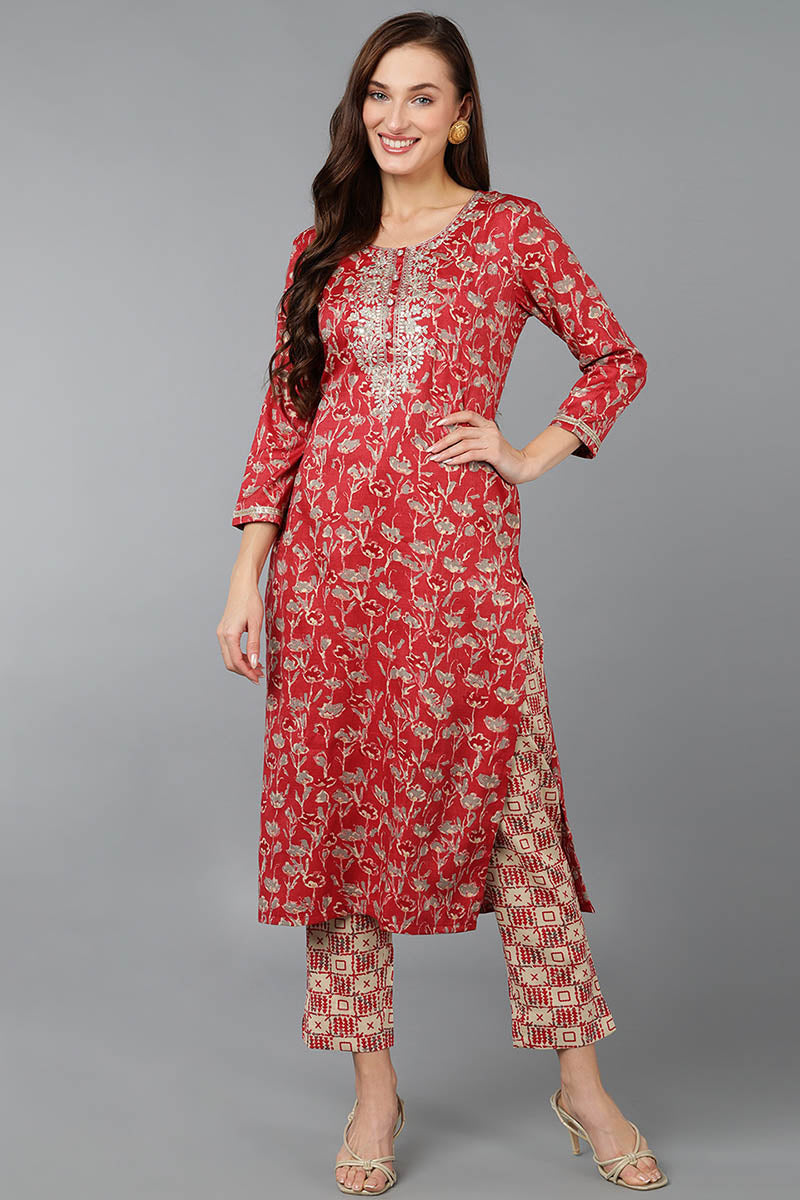 Red Silk Blend Floral Embroidered Straight Kurta