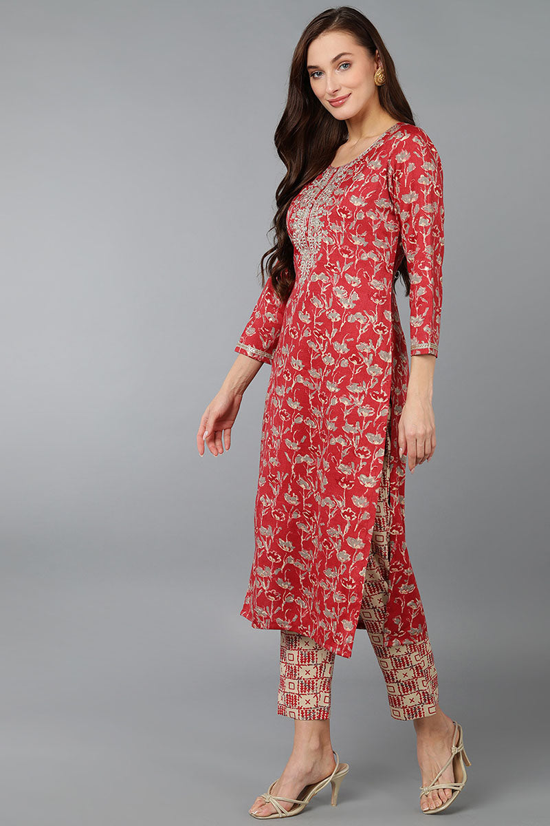 Red Silk Blend Floral Embroidered Straight Kurta